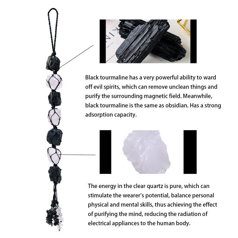 Runyangshi Natural Crystal Black Tourmaline&Clear Quartz Rough Stone Hanging Ornament with Chip Stones Tassels Reiki Healing Meditation Energy Balance Yoga Home Decor Gift - Image 5
